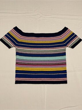 Playful Y2K Style Off-the-Shoulder Ribbed Knit Vibrant Multicolor Crop Top